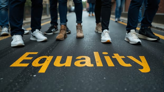 A group of individuals stand side by side on a city sidewalk, showcasing their diverse footwear.