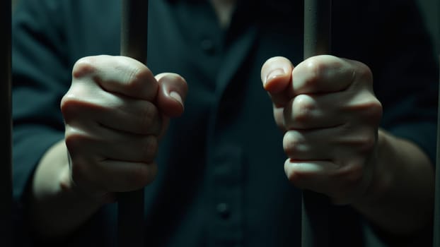 Strong hands grip cold metal bars, symbolizing desperation and solitude. The shadows deepen the mood, reflecting feelings of hopelessness in a dark, confining space, emphasizing isolation.