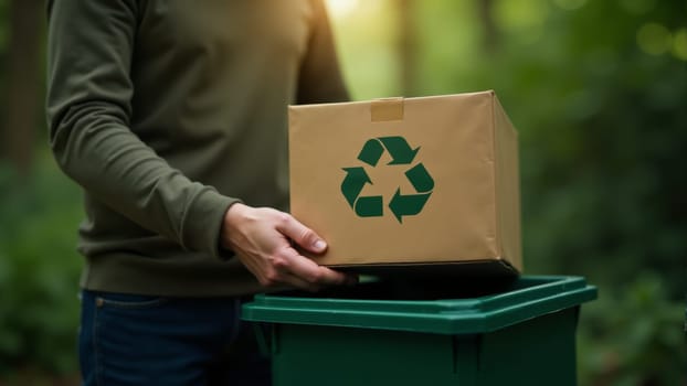 A person dressed casually places a cardboard box with a recycling symbol into a green bin.
