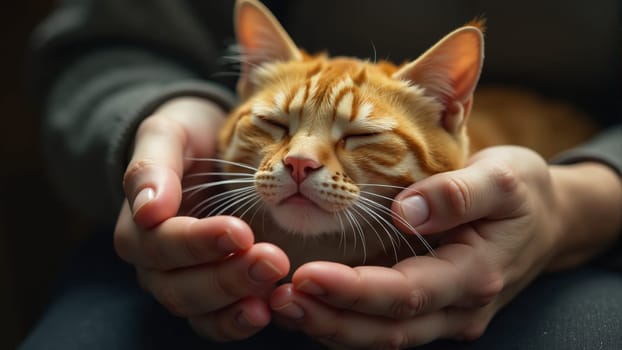 Soft light fills the room as a person holds a content orange tabby cat, its eyes shut in bliss. The warm atmosphere reflects the bond they share, creating a serene moment of companionship.