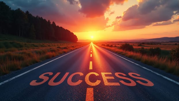 A breathtaking sunset illuminates a straight road stretching into the distance, with the word 'success' boldly painted along the center.