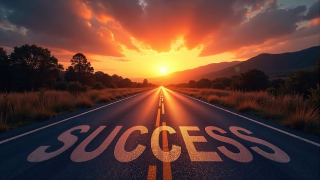 A breathtaking sunset illuminates a straight road stretching into the distance, with the word 'success' boldly painted along the center.
