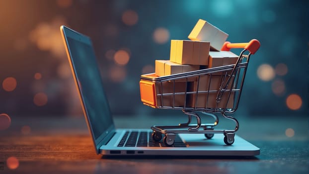 In a cozy workspace, a small shopping cart overflows with neatly packed boxes, positioned next to a laptop displaying a vibrant digital interface. The warm light enhances the inviting atmosphere.
