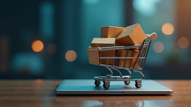 In a cozy workspace, a small shopping cart overflows with neatly packed boxes, positioned next to a laptop displaying a vibrant digital interface. The warm light enhances the inviting atmosphere.