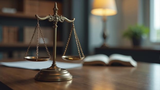 Balancing carefully on a polished wooden desk, the brass scales of justice symbolize fairness and equality. Sunlight filters through the window, illuminating a serene law office ambiance.