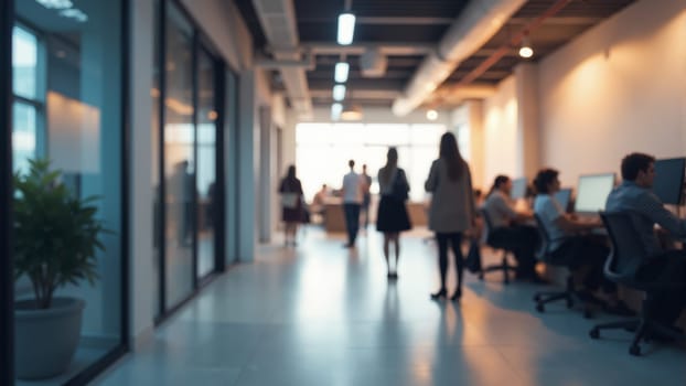 A group of professionals in business attire interacts in a contemporary office space during sunset. People walk briskly while others collaborate at desks, showcasing a vibrant atmosphere.