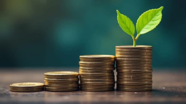Stacks of coins rise steadily, showcasing financial growth, while a vibrant green sprout emerges from a percentage symbol, symbolizing prosperity and sustainable investment.