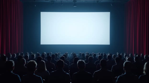 Rows of captivated moviegoers fill the dimly lit theater, anticipation buzzing in the air as the screen remains blank before the film begins, vibrant red curtains framing the immersive experience.