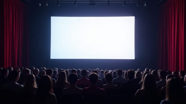 Rows of captivated moviegoers fill the dimly lit theater, anticipation buzzing in the air as the screen remains blank before the film begins, vibrant red curtains framing the immersive experience.