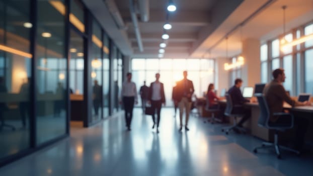 A group of professionals in business attire interacts in a contemporary office space during sunset. People walk briskly while others collaborate at desks, showcasing a vibrant atmosphere.