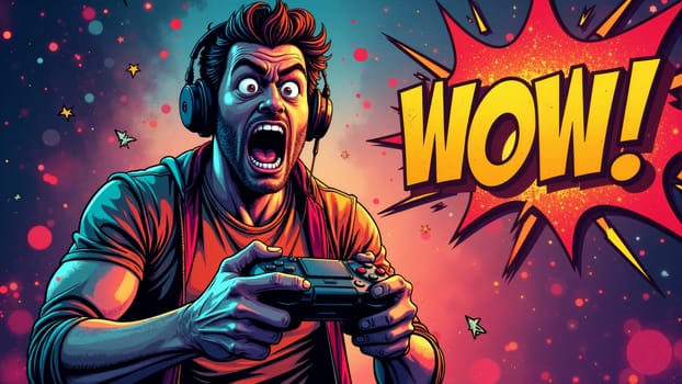 A gamer immersed in his world shouts with joy while playing, surrounded by vibrant colors and dynamic visuals. His expressive face radiates excitement, showcasing the thrill of victory in gaming.