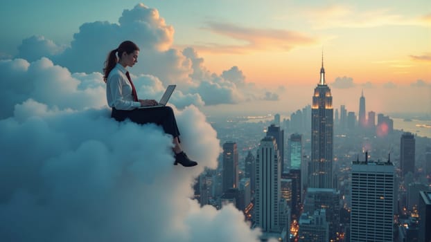 As the sun sets, casting brilliant colors across the sky, a woman sits serenely on a fluffy cloud, her laptop glowing softly. Below her, the vibrant city pulses with life, lights twinkling.