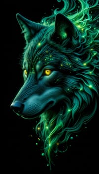 A captivating wolf with shimmering emerald fur and glowing yellow eyes embodies mystic energy. This artwork radiates enchantment, bringing a touch of magic to the darkness.