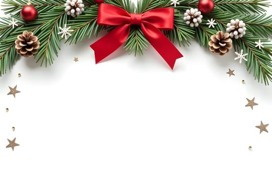 A graceful Christmas wreath made of pine branches, pinecones, and red ribbons adorns the top of the card. The bottom features a blank area framed by delicate snowflakes and stars, perfect for adding personalized text. High quality photo