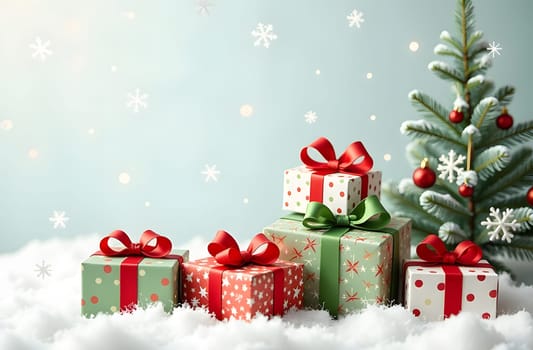 A Christmas card displaying large, brightly wrapped gifts with red and green ribbons. The top area is left open, with subtle snowflakes creating a gentle background for personalized greetings. High quality photo