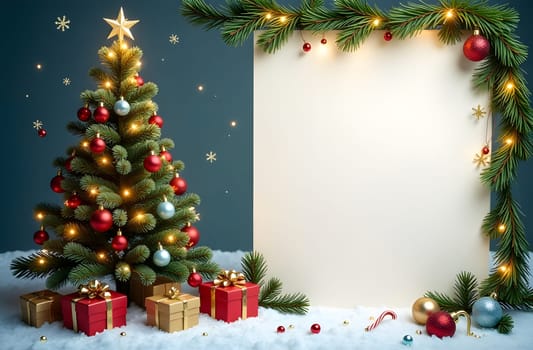 A radiant Christmas tree adorned with lights and ornaments stands on the left side of the card. The right side includes a blank space for text, embellished with delicate garlands and shimmering golden snowflakes, ideal for holiday wishes. High quality photo