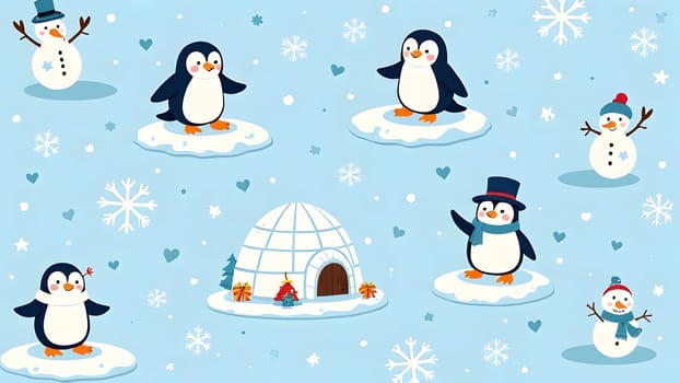 Cheerful penguins and snowmen in a wintery scene are joined by igloos and falling snowflakes in this seamless, lighthearted design.