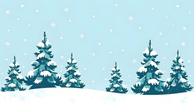 Tall evergreen trees dusted with snow and shimmering flakes create a seamless winter forest scene, perfect for cozy seasonal themes.