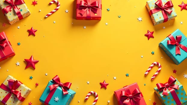 This cheerful design features colorful gift boxes, bold bows, candy canes, and sparkling stars, symmetrically placed on a radiant gold background, perfect for holiday celebrations.