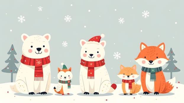 A cozy winter design showcasing polar creatures in holiday scarves, snowflakes, and stars on a soft, icy gray backdrop.