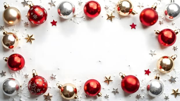 A festive seamless design of gold, silver, and red Christmas ornaments baubles, stars, and bells symmetrically placed on a snowy white background for a seasonal touch.