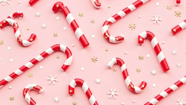 A seamless holiday pattern with candy canes, caramel swirls, and sparkling snowflakes on a pastel pink background for sweet seasonal charm.