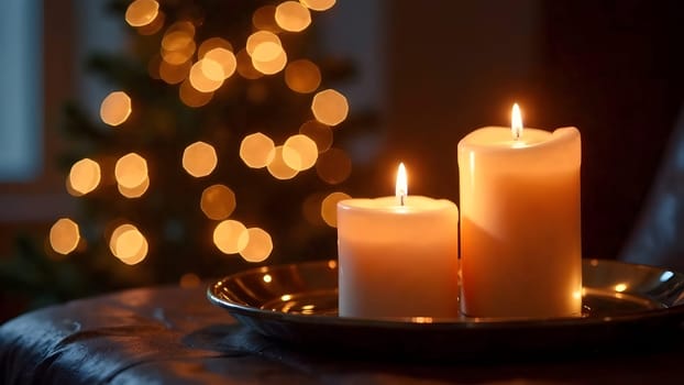Flickering candles and softly glowing fairy lights create a warm, inviting atmosphere in this seamless image with a blurred cozy background.
