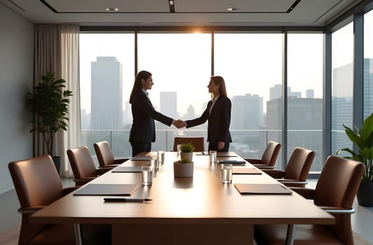 Two professionals greet clients with a handshake across a polished table in a spacious, glass-walled conference room with a city view. High quality photo