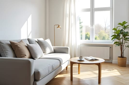 A bright, airy living room in Scandinavian style with a cozy gray sofa, light wooden floors, and large windows that bring in natural light and a view of the outdoors. High quality photo