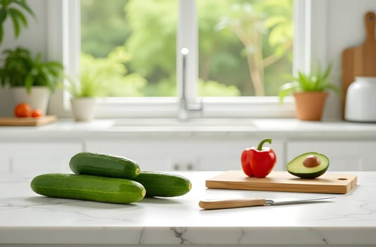 A marble kitchen counter with fresh vegetables laid out for cooking, a knife on a cutting board, and soft daylight streaming in through a large window. High quality photo