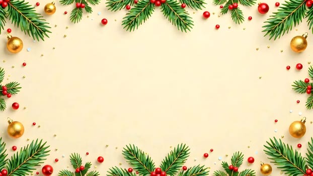 A seamless tileable pattern showcasing lush green pine branches, detailed pinecones, and vibrant red holly berries, symmetrically arranged with golden ornaments on a textured warm beige background, perfect for festive Christmas designs.