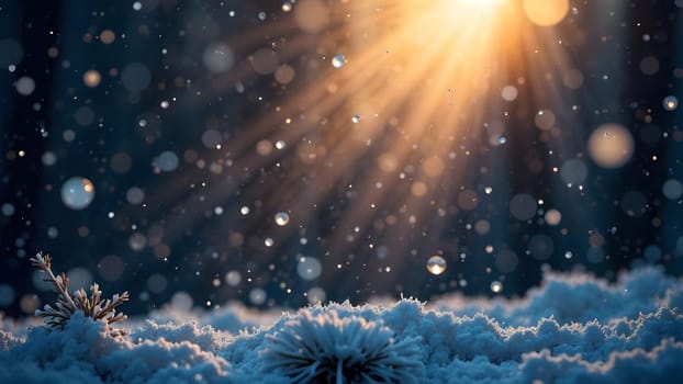 Snowflakes twist and dance in the wind, glowing faintly with a golden light in this seamless image that evokes a peaceful, magical winter scene.