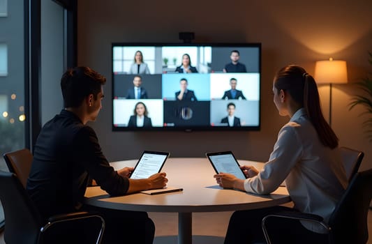 A team sits around an oval table, attentively focused on a large screen showing a virtual meeting, creating a connected, collaborative atmosphere. High quality photo