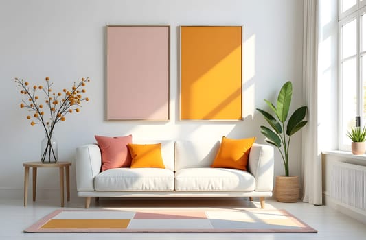 A minimalist living room with a neutral palette featuring pops of bright colors in cushions and art, all illuminated by soft, natural light from a nearby window. High quality photo