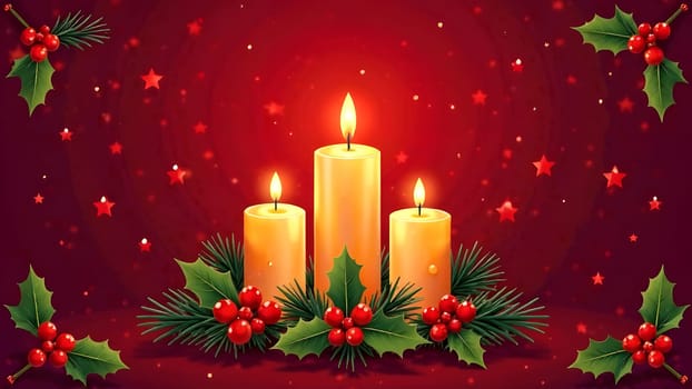 This seamless design features lit candles with holly leaves and pine accents, evoking the cozy glow of Christmas warmth.