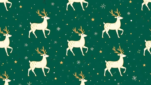 A seamless repeating pattern featuring minimalist reindeer silhouettes in elegant white and gold, accented with scattered stars and swirling snow, set against a rich emerald green background for a festive holiday feel.