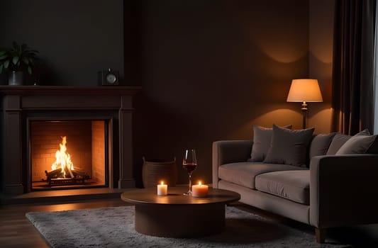 A warm, intimate living room with a fireplace casting a cozy glow over a plush couch, bookshelves, and a small coffee table, creating a relaxed atmosphere. High quality photo