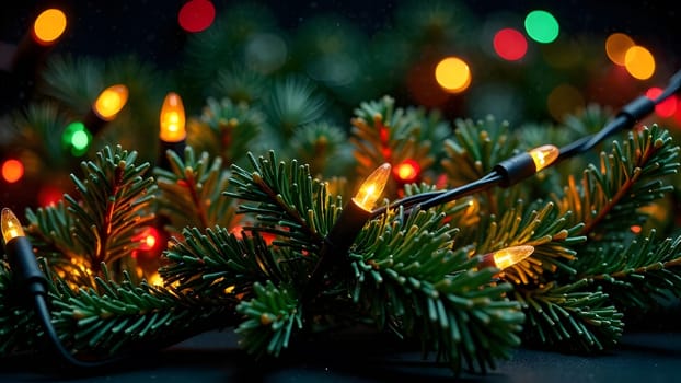 A seamless pattern featuring glowing Christmas lights and garlands in vibrant multicolored hues, symmetrically intertwined on a deep black or dark green background, exuding a sparkling holiday charm.