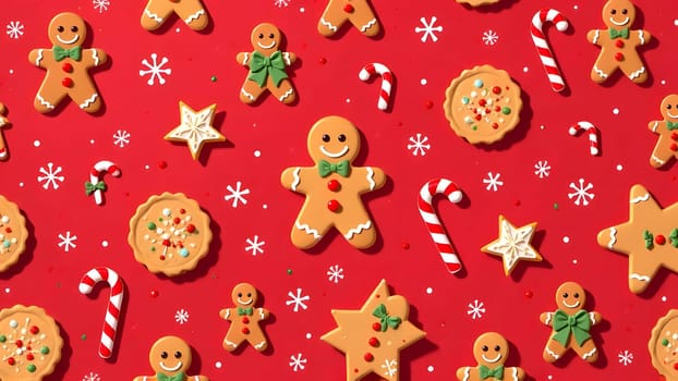 Gingerbread cookies, striped candy canes, and sparkling snowflakes come together in a seamless pattern on a bright red background, exuding a cheerful and whimsical Christmas atmosphere.