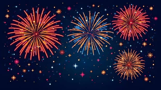 A vibrant image of fireworks bursting in brilliant colors against a dark night sky. Golden shimmering trails and soft drifting particles add a magical holiday touch.