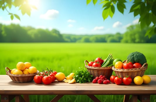 Freshly picked fruits and vegetables are arranged in rustic baskets on a wooden farm table, with soft natural light highlighting their vibrant colors against a green field background. High quality photo