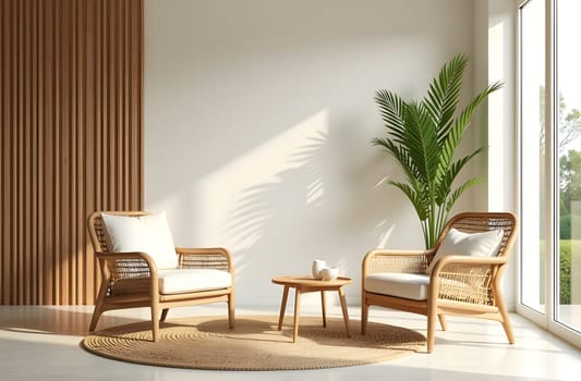 An eco-inspired living room with natural wood furniture, indoor plants, organic textiles, and large windows bringing in soft light and a view of nature. High quality photo