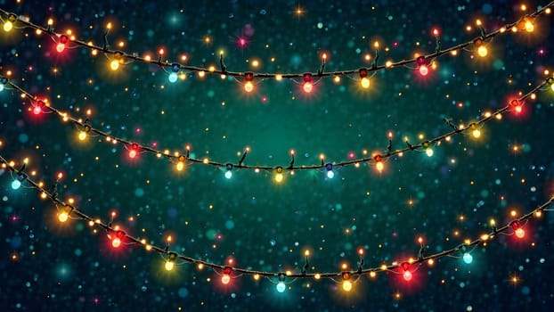 This festive pattern features brightly glowing Christmas lights and garlands in vibrant multicolored hues, elegantly arranged on a dark green or black backdrop for a cheerful holiday feel.