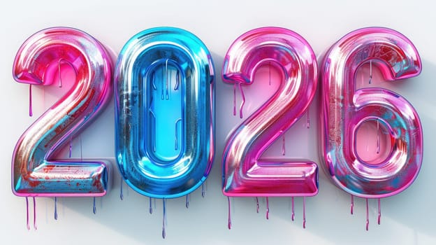 Festive and vibrant display of large metallic numbers 2026 in blue and pink. The balloons have a glossy finish, dripping with colorful paint, adding a playful touch.