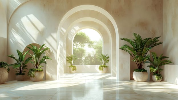 Sunlight streams through large arches illuminating a spacious interior filled with vibrant green plants. This tranquil space features soft tones and modern architecture, enhancing relaxation.