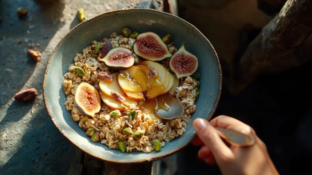 A hand holds a spoon, ready to enjoy a bowl of oatmeal topped with fresh figs, sliced apples, and a drizzle of honey. The rustic background adds warmth to this delightful breakfast.