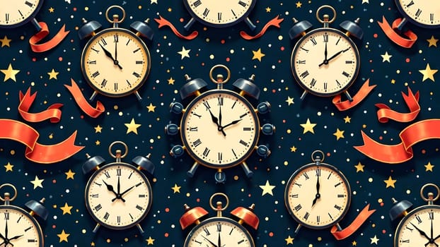 A festive pattern of vintage clocks striking midnight, surrounded by glittering ribbons and stars. The dark navy background with golden accents evokes the magic of New Years Eve.