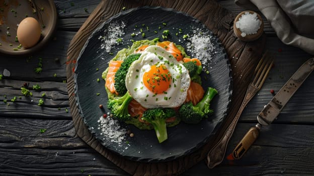 A vibrant dish showcases salmon, fresh broccoli, and a sunny-side-up egg garnished with herbs and spices on a dark slate plate, set on a wooden table.