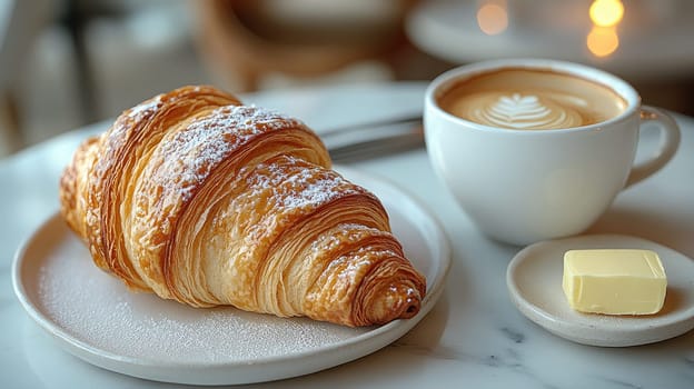 A warm, flaky croissant dusted with powdered sugar is placed on a white plate next to a cup of coffee with latte art. A small pat of butter complements the treat on a side saucer.