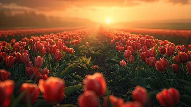 Colorful fields filled with blooming tulips stretch out under a stunning sunset, casting a warm glow over the landscape, creating a serene and picturesque view.